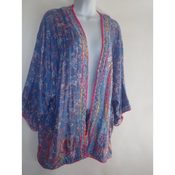 TIME FOR ME Paisley Boho Print Cardigan Kimono, Size M-L Rainbow Embroidered - Picture 2 of 8